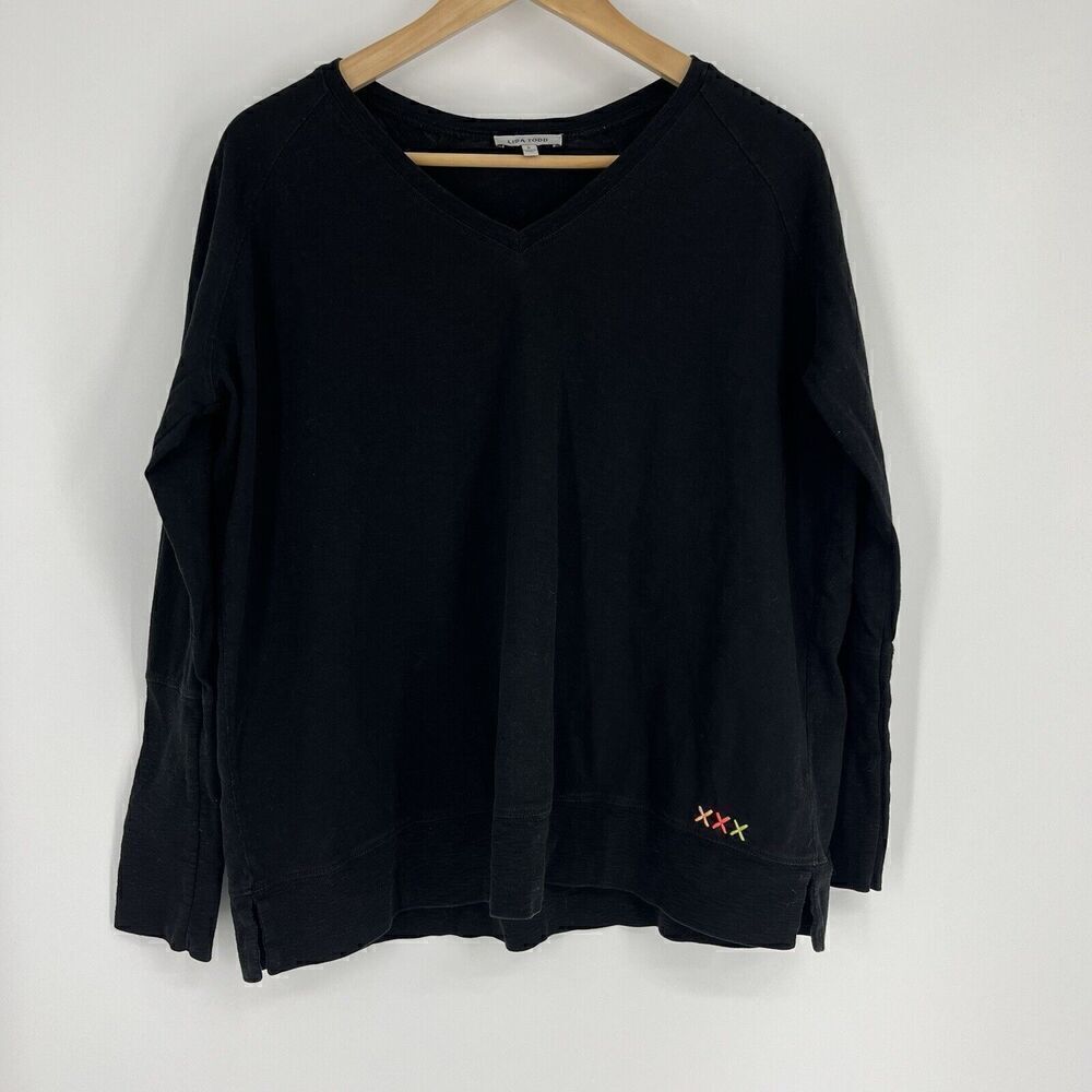 Lisa Todd T Shirt Size Small Women Black V Neck Long Sleeve Top Boxy Embroidered